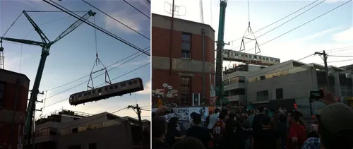 A vintage Hitachi train carriage being craned into place on the Easey Street rooftop, August 2013.